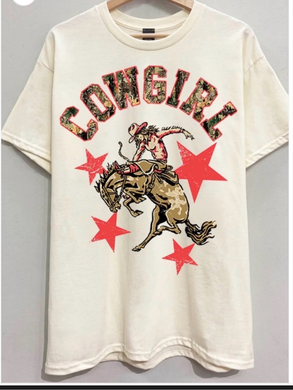 Cowgirl Graphic Tee - Cream with Pink Stars
